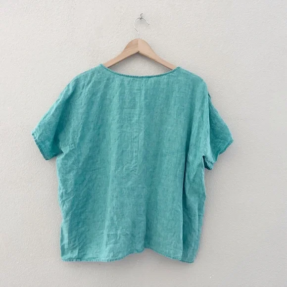 Eileen Fisher Delave Linen Top Large Green Boxy Relaxed Lagenlook Minimalist - Picture 6 of 12